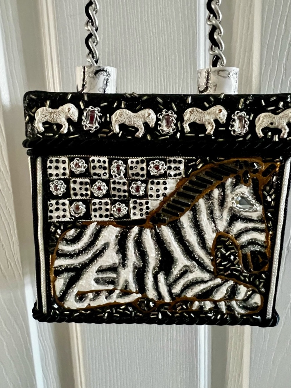 Mary Frances Black White Zebra Embellished Crossbody Bag